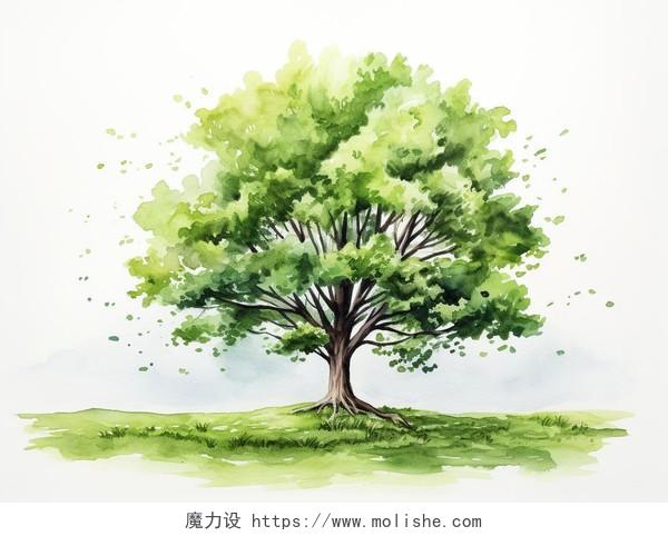 田野里的一棵树水彩AI插画树木植物自然春天
